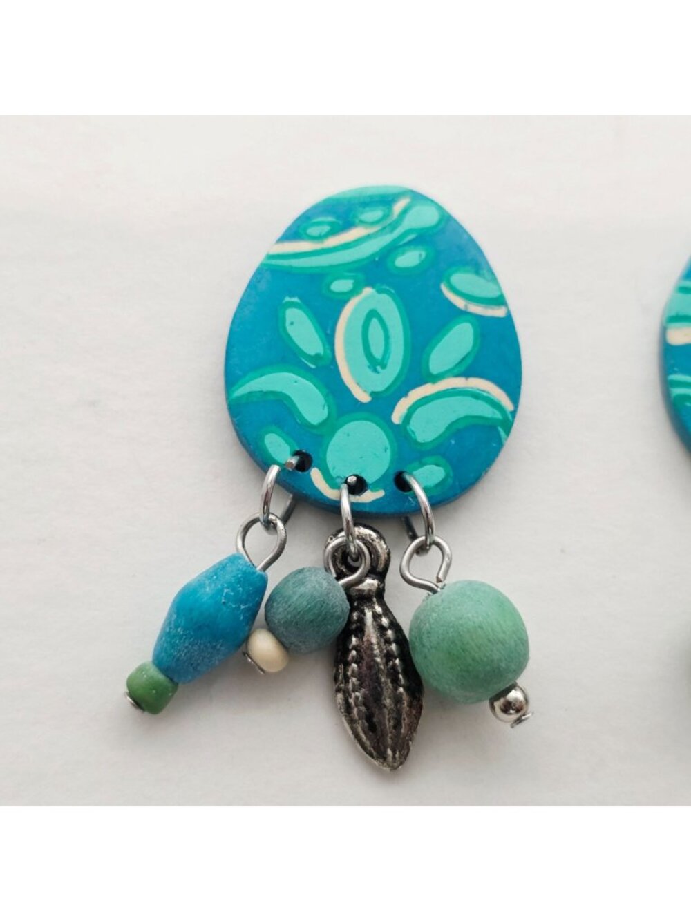 Wooden Boho Teardrop Earrings With Wooden Beads & Metal Charms - Picture 2 of 5